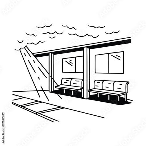 bus stop, outdoor seating, black and white illustration, vector graphic