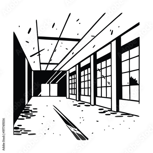 Abandoned industrial hallway, empty corridor, black and white vector, grunge architecture, urban decay