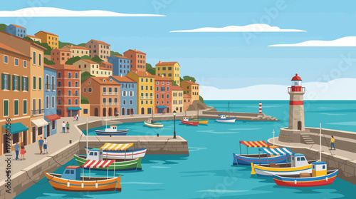 This vibrant coastal scene features colorful boats docked in a serene harbor, complemented by a scenic town and a traditional lighthouse in the background, showcasing timeless beauty.