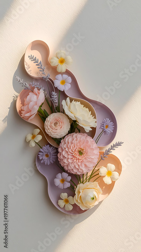 Watercolor Peony Floral Arrangement with Soft Light and Abstract Shadows