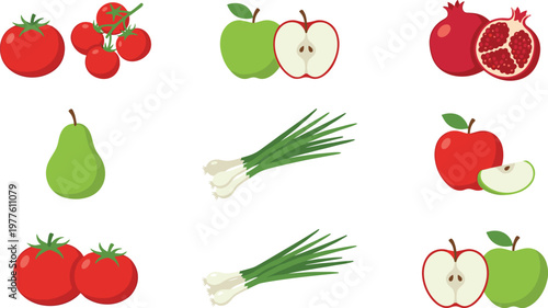 Fresh Fruits and Vegetables Collection with Tomatoes, Apples, Pears, Pomegranates, and Green Onions for Healthy Eating and Agriculture Designs