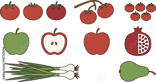 Fruit and Vegetable Collection with Tomatoes, Apples, Pomegranates, Pears, and Green Onions for Healthy Eating and Culinary Designs