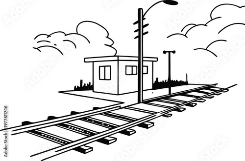 Railway station, train tracks, railroad crossing, black and white vector illustration
