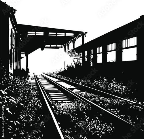 abandoned train tracks, railway station, black and white, industrial landscape, monochrome vector illustration