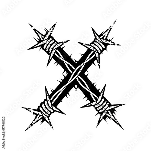 Barbed wire X letter shape, grunge distressed texture, black and white