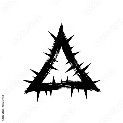Black thorny triangle symbol, grunge brush stroke, sharp spikes, abstract danger concept