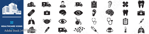 Healthcare icons set, 32 medical vector elements, black solid glyph symbols for hospital and clinic services, professional medicine infographic graphics