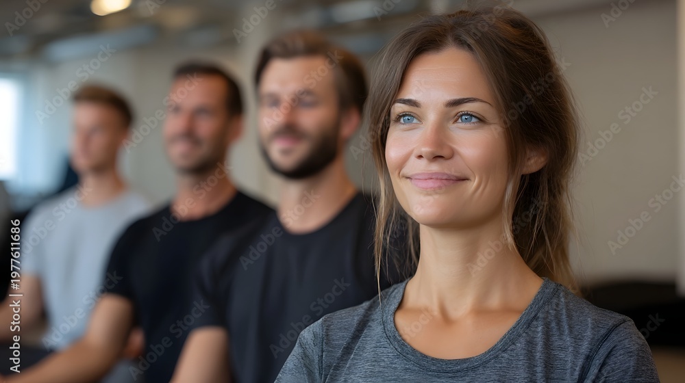 Obraz premium A confident woman smiles while participating in a professional meeting surrounded by supportive colleagues in a modern workspace setting