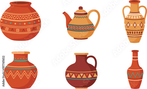 Set of traditional ceramic pottery vases and teapots with ethnic ornamental patterns in flat cartoon style illustration