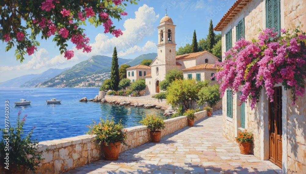 Naklejka premium The serene waterfront features a bell tower and charming houses, surrounded by vibrant flowers. Boats float on the blue water near the picturesque coastline with lush mountains behind.