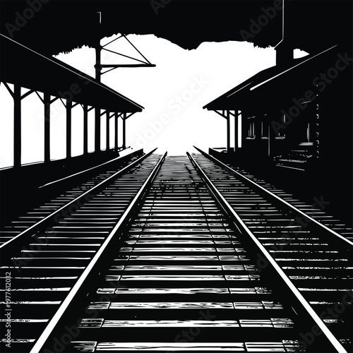 Railway tracks, train station platform, black and white, industrial landscape, transportation background