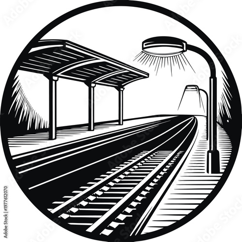 Train station, railroad tracks, platform, street lamps, black and white vector illustration