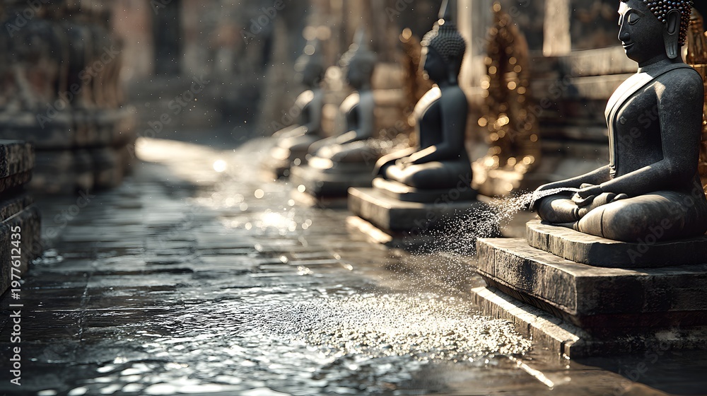 Naklejka premium Serene line of Buddha statues sits in tranquil temple courtyard with mist