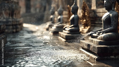 Serene line of Buddha statues sits in tranquil temple courtyard with mist