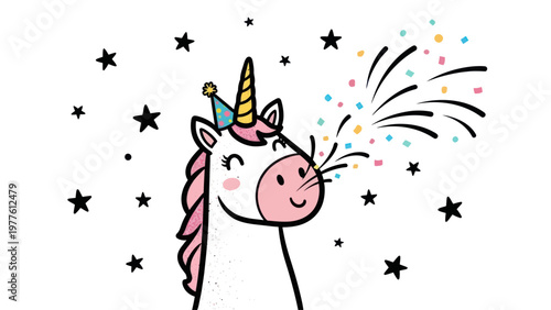 Unicorn wearing party hat blowing confetti.