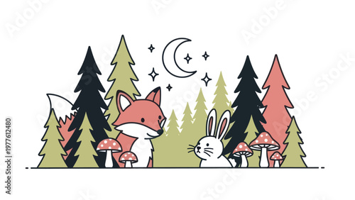 Cartoon Fox and Rabbit Friends.