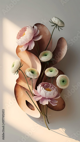 Watercolour Peony Floral Arrangement with Soft Light and Abstract Shadows