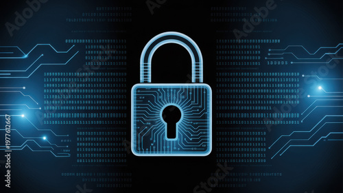 Secure Digital Network with Padlock Symbol and Binary Code