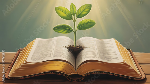 Green Plant Growing from an Open Book with Golden Light: Symbol of Knowledge