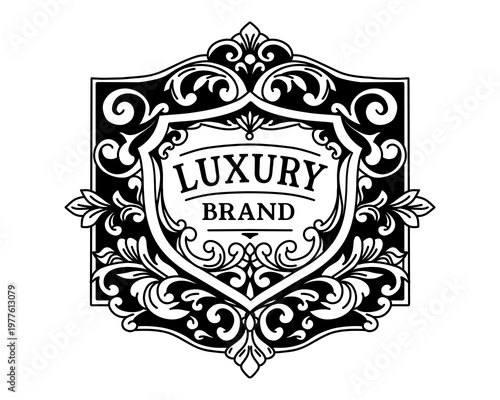 Luxurious vintage shield shaped label with bold black flourishes, curved frame and intricate filigree details, refined premium emblem design for elegant packaging and branding projects. Vector