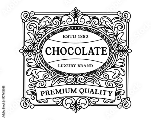 Vintage square ornamental label with oval center, ribbon banner and intricate black filigree border, elegant luxury badge design for premium packaging, branding and decorative identity. Vector illustr