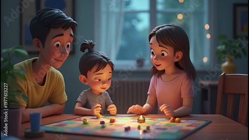 Cozy family playing board games on a rainy evening at home