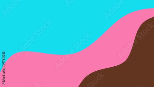 Abstract sweet dessert fluid wavy background. Cyan, pink, and chocolate brown liquid melt ice cream concept layout with copy space. Minimalist wavy background.