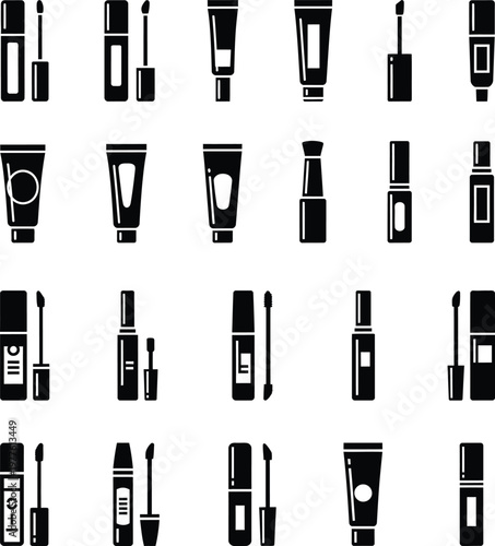 Compilation of makeup and cosmetic product icons with flat design personal care lip balm lipstick