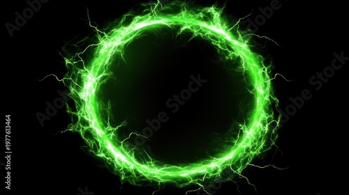Glowing green energy circle, electric ring, abstract background.