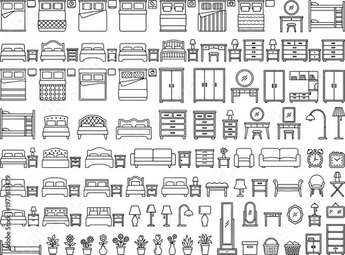 Furniture Elevation Icons Vector Set, Front View Beds, Wardrobes, Sofas, Lamps and Home Decor Symbols