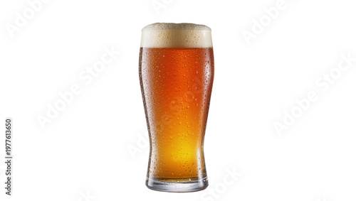 Canvas-taulu Tall glass of amber beer with foamy head condensation droplets, isolated on tran