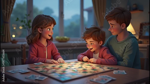 Family playing board games on a cozy rainy evening at home