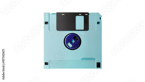 Photos Light blue 3 5 inch floppy disk with black shutter and blue hub, isolated on tra
