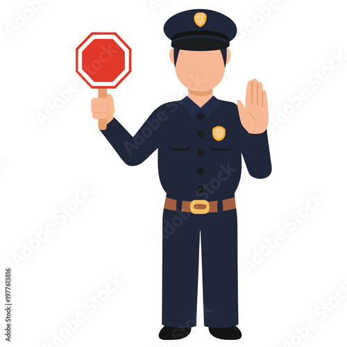 Professional police officer holding a blank red octagonal sign and raising hand to halt
