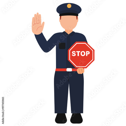 Professional police officer holding a visible red stop sign and raising hand to halt action