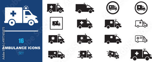 Ambulance icons set, 16 emergency vehicle vector symbols, medical transport truck silhouettes, healthcare service icons in EPS format