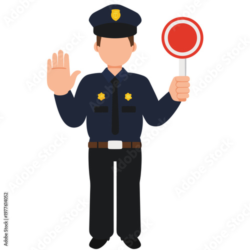 Police Officer Holding Red Circular No Entry Sign and Showing Stop Gesture with Open Palm Hand