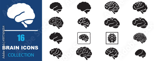 Human brain icons collection, 16 medical organ symbols set, black silhouette brain anatomy illustrations, neurology and psychology vector graphics
