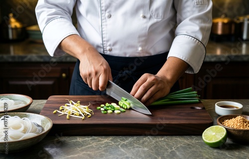 Chef in modern kitchen preparing Pad Thai, chopping vegetables on wooden cutting board. Concept of culinary art, emphasizing stir fried rice noodles and vibrant ingredients.