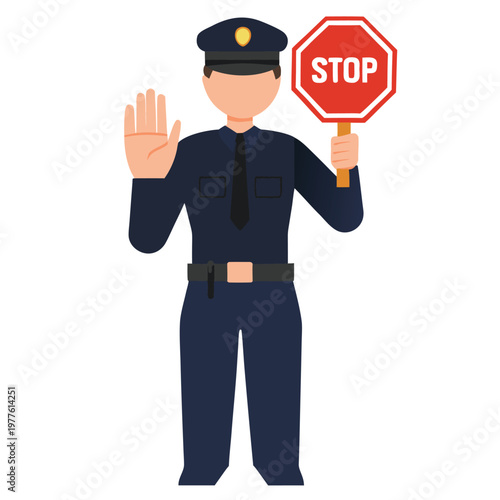 Law Enforcement Officer Holding a Stop Sign and Waving Hand for Traffic Safety