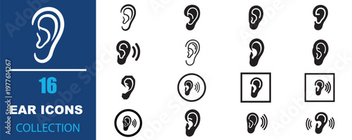 Ear icons collection, 16 human ear vector symbols for hearing and audiology, medical anatomy ear line icons, black and white sensory organ signs