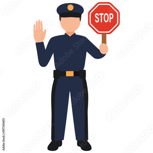 Police Officer in Blue Uniform Raising Hand and Holding Red Stop Sign