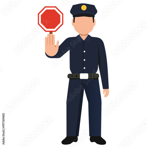Police Officer Raising Hand While Holding Blank Red Octagonal Sign to Signal Warning