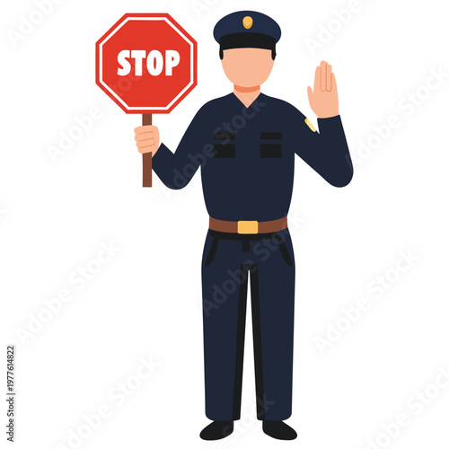 Police officer in dark blue uniform holding a stop sign and signaling a halt