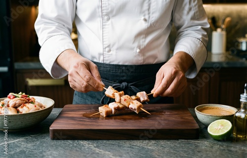 Chef preparing Satay Chicken on wooden cutting board, holding grilled chicken skewers with peanut. Concept of cozy kitchen atmosphere with fresh ingredients.