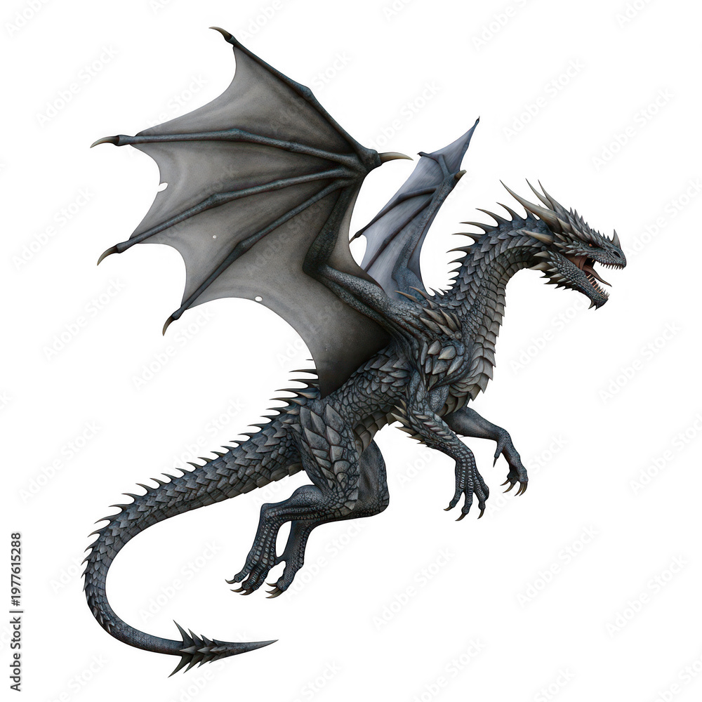 Fototapeta premium A majestic black dragon with large wings soaring through the air in a dynamic flying pose isolated on transparent background