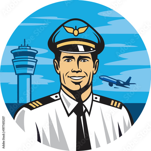 Confident aviator pilot smiling in uniform against a sky with an airplane taking off and control tower