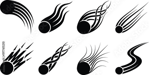 Eight Black Comet or Meteor Icons with Stylized Tails on White Background space astronomy