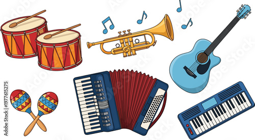 Set of Colorful Hand Drawn Musical Instruments Including Drums Trumpet Guitar Accordion Keyboard and Maracas Isolated on White Background for Education Design