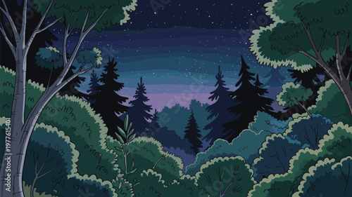 Whimsical cartoon forest scene at night with stars and trees silhouetted against sky
